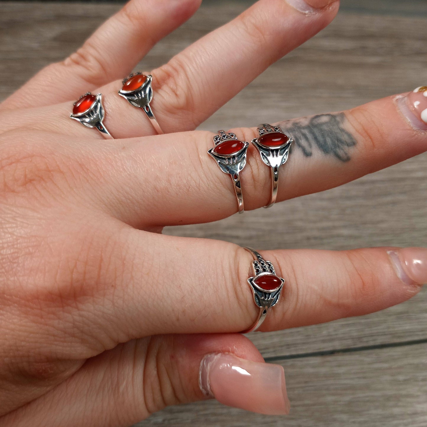 Gemstone Sterling Silver Ring Hamsa Hand Boho