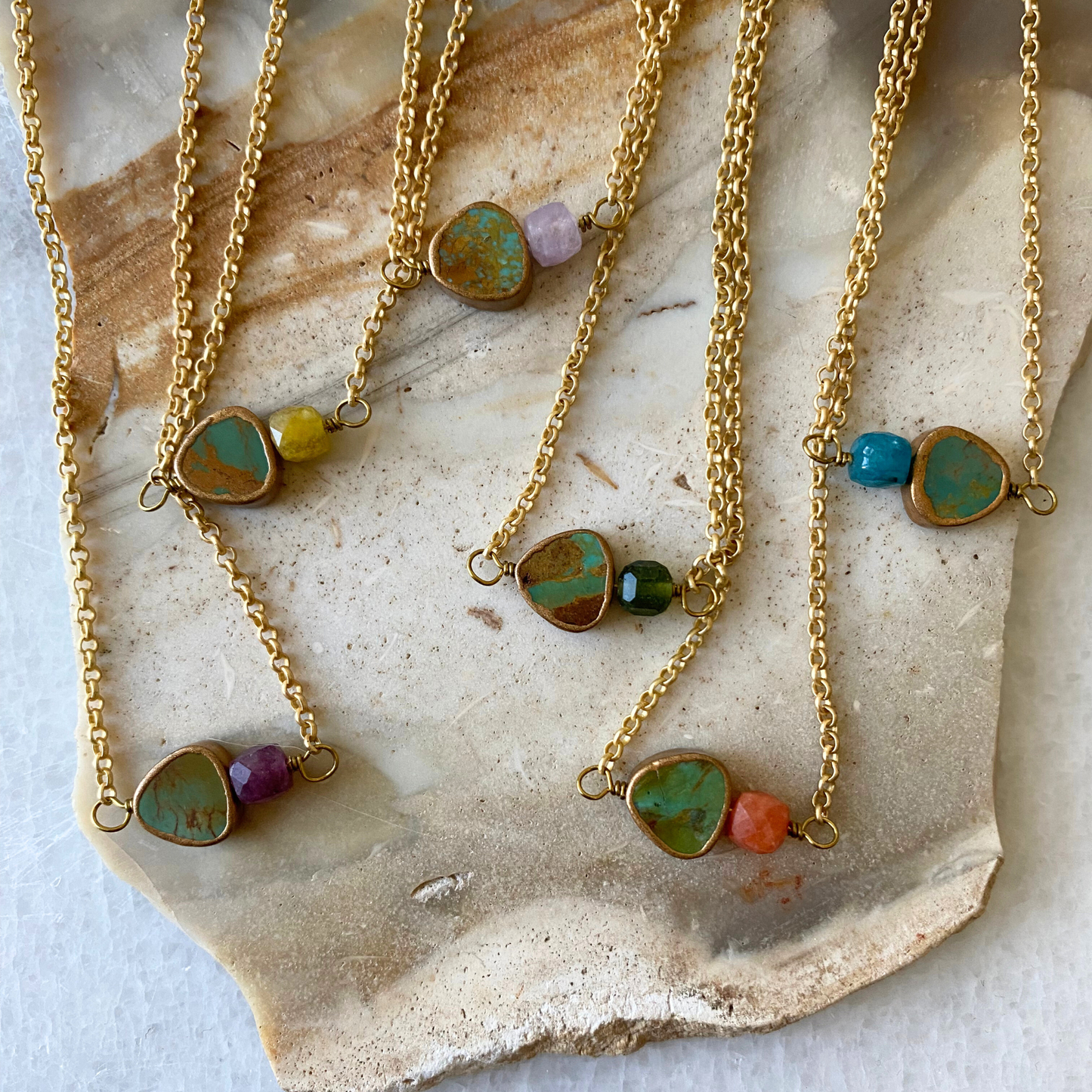 Triangle Turquoise Gold Vermeil Necklace | Stone Cubes: Purple Garnet