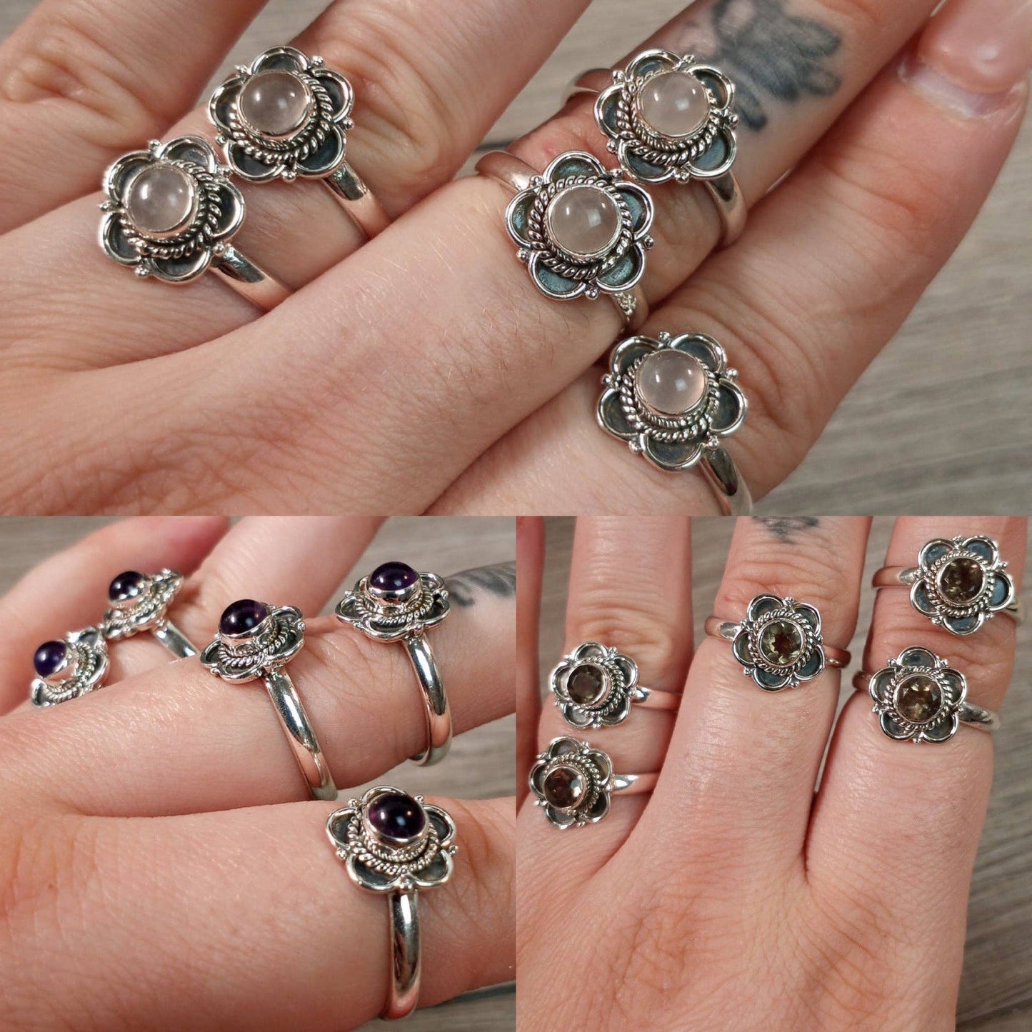Gemstone Ring Sterling Silver Boho Flower: Amethyst / 7