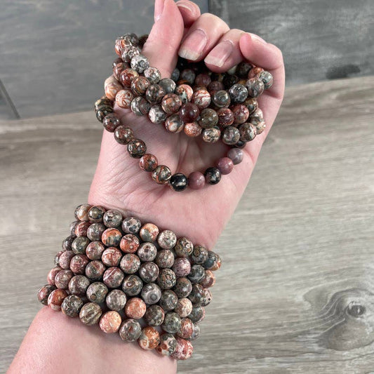 8mm Round Gemstone Beaded Bracelets –  Leopardskin Jasper