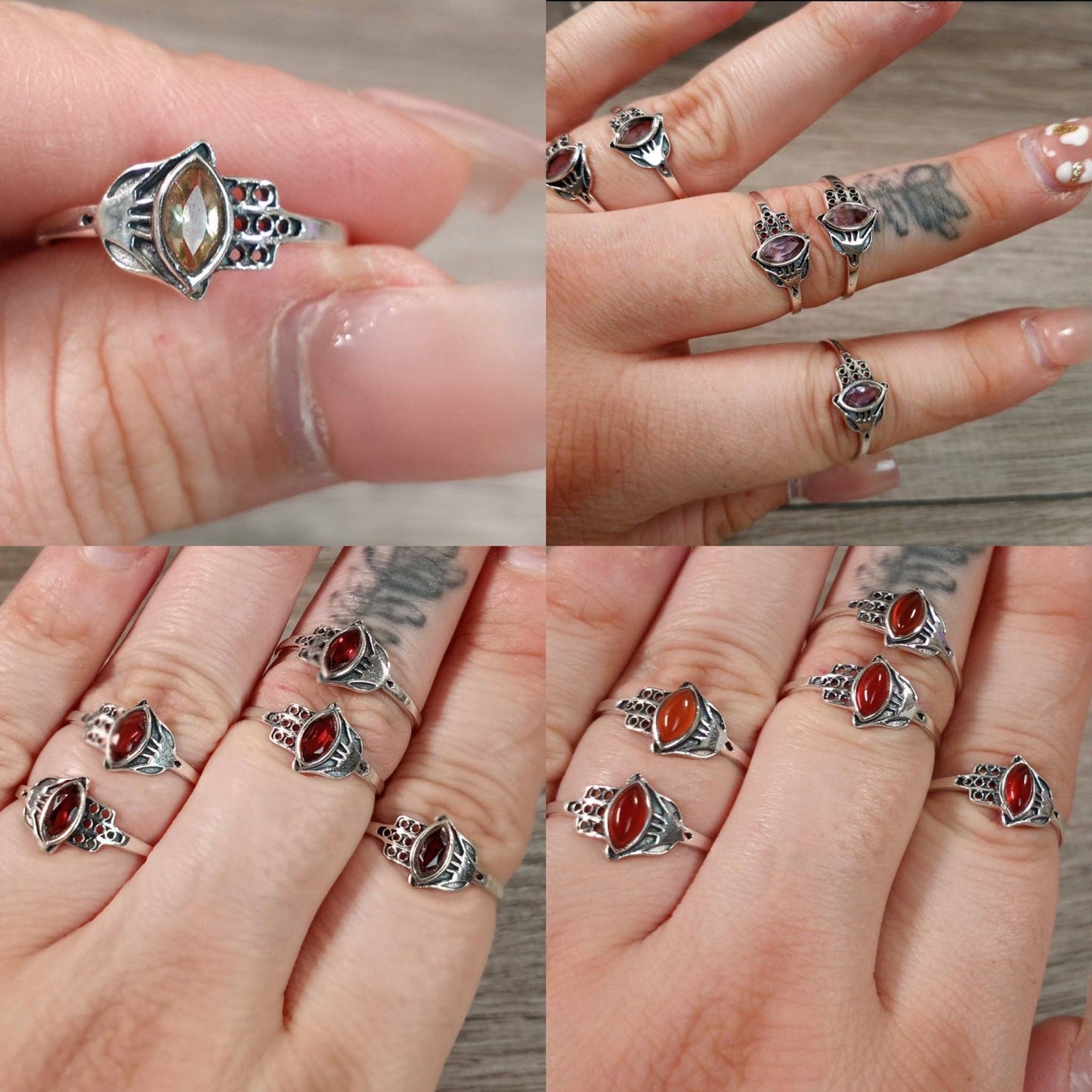 Gemstone Sterling Silver Ring Hamsa Hand Boho