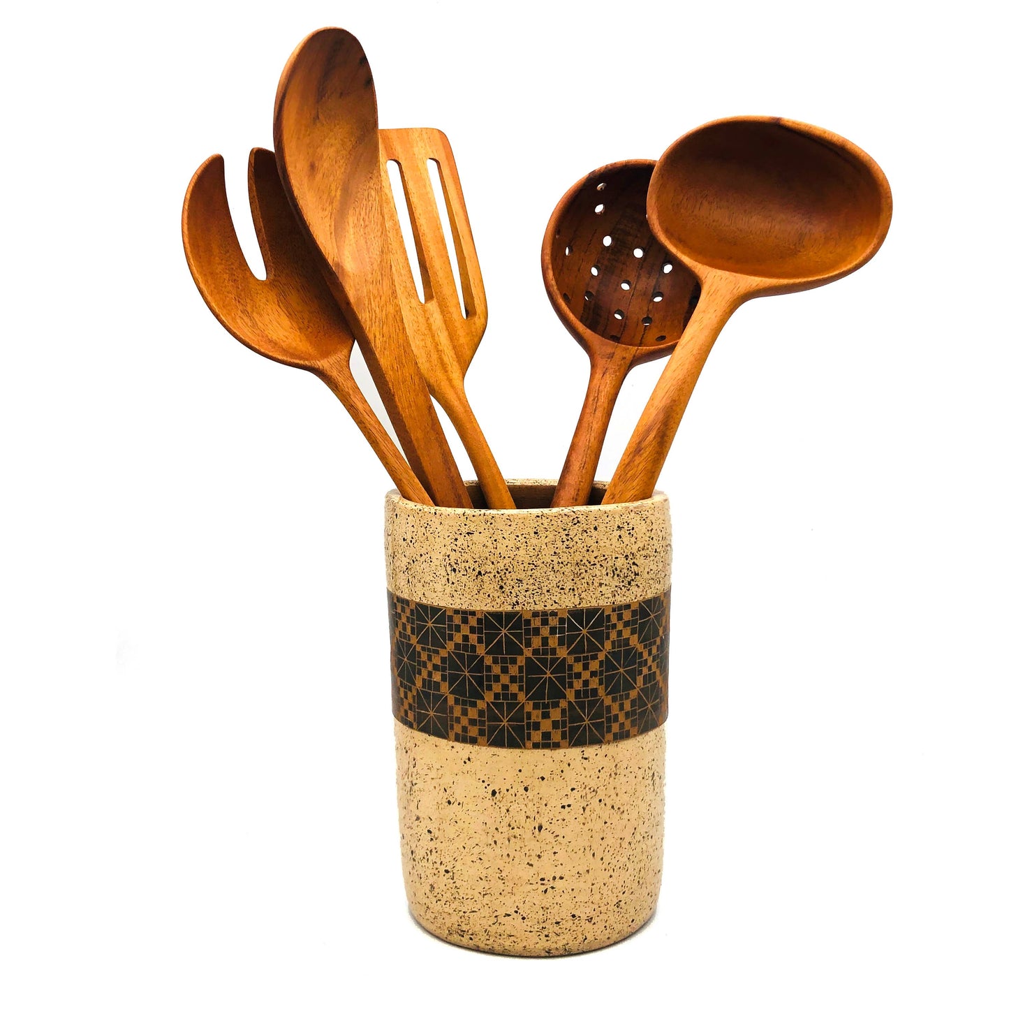 Ceramic Utensil Holder: Turquoise with Black Geometric