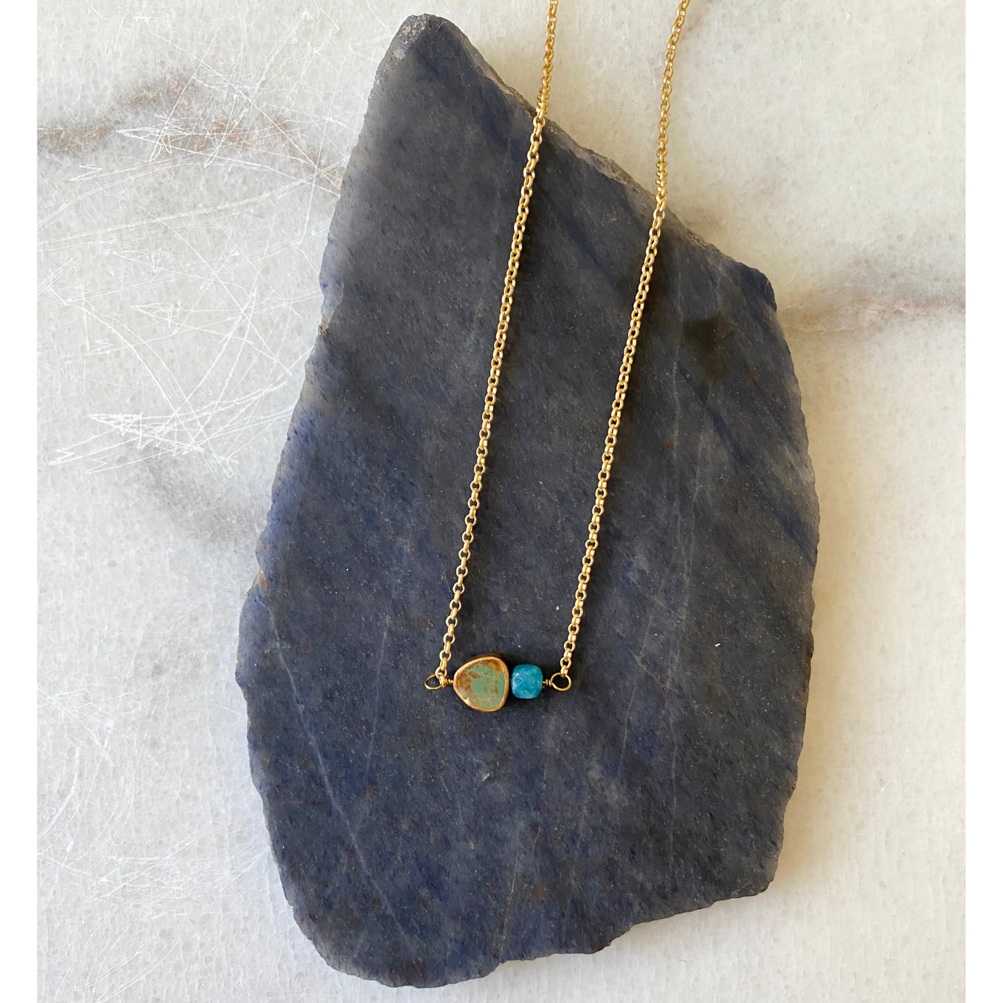 Triangle Turquoise Gold Vermeil Necklace | Stone Cubes: Purple Garnet