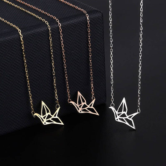 Japanese Orizuru Crane Charm Necklace in 925 Sterling Silver: Silver