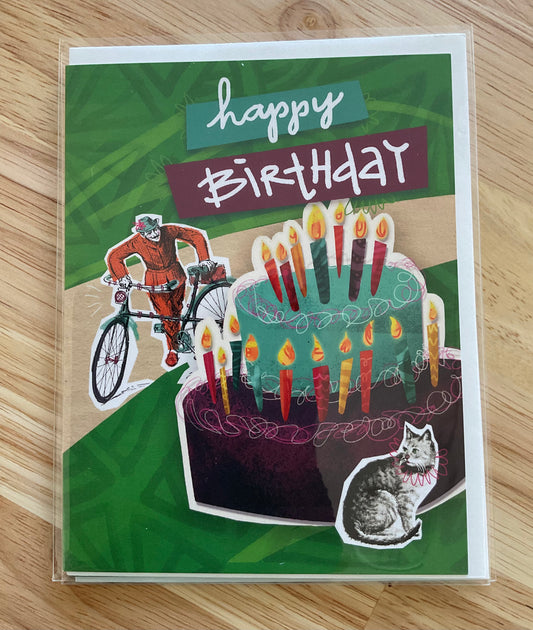BIRTHDAY - Bike and Cat birthday card - featuring collage art by Adriana Bergstrom