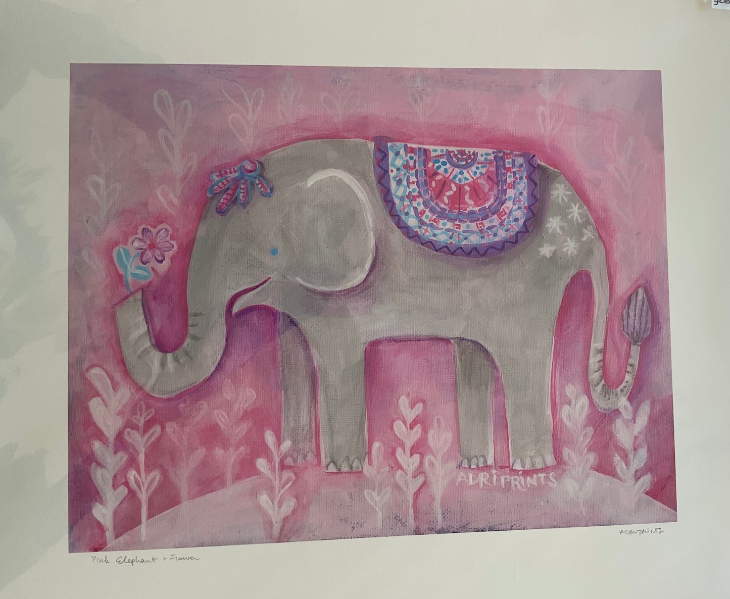 PRINT - Elephant with Pink Flower, art by Adriana Bergstrom