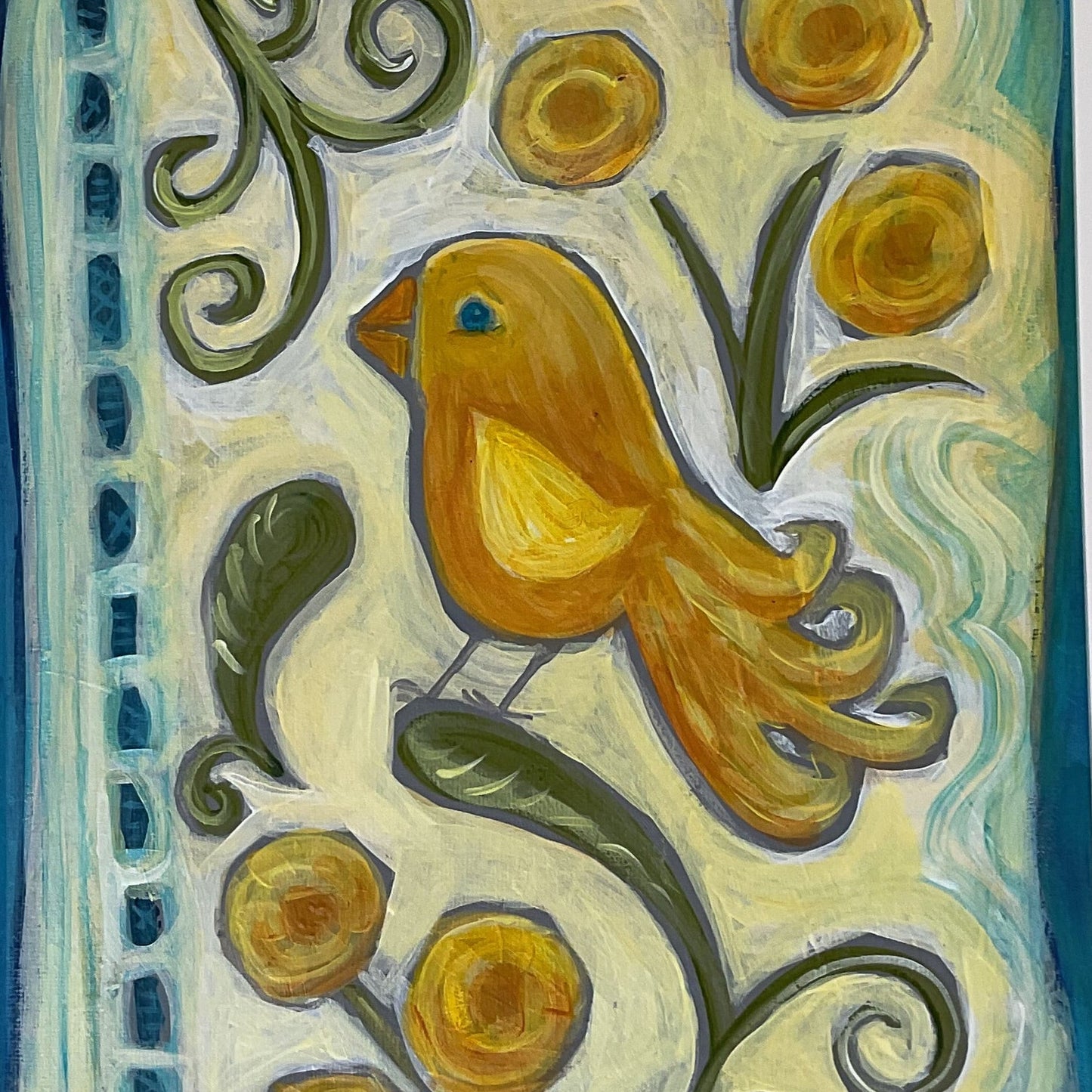 A framed original painting featuring a stylized yellow bird with abstract elements on a blue background.