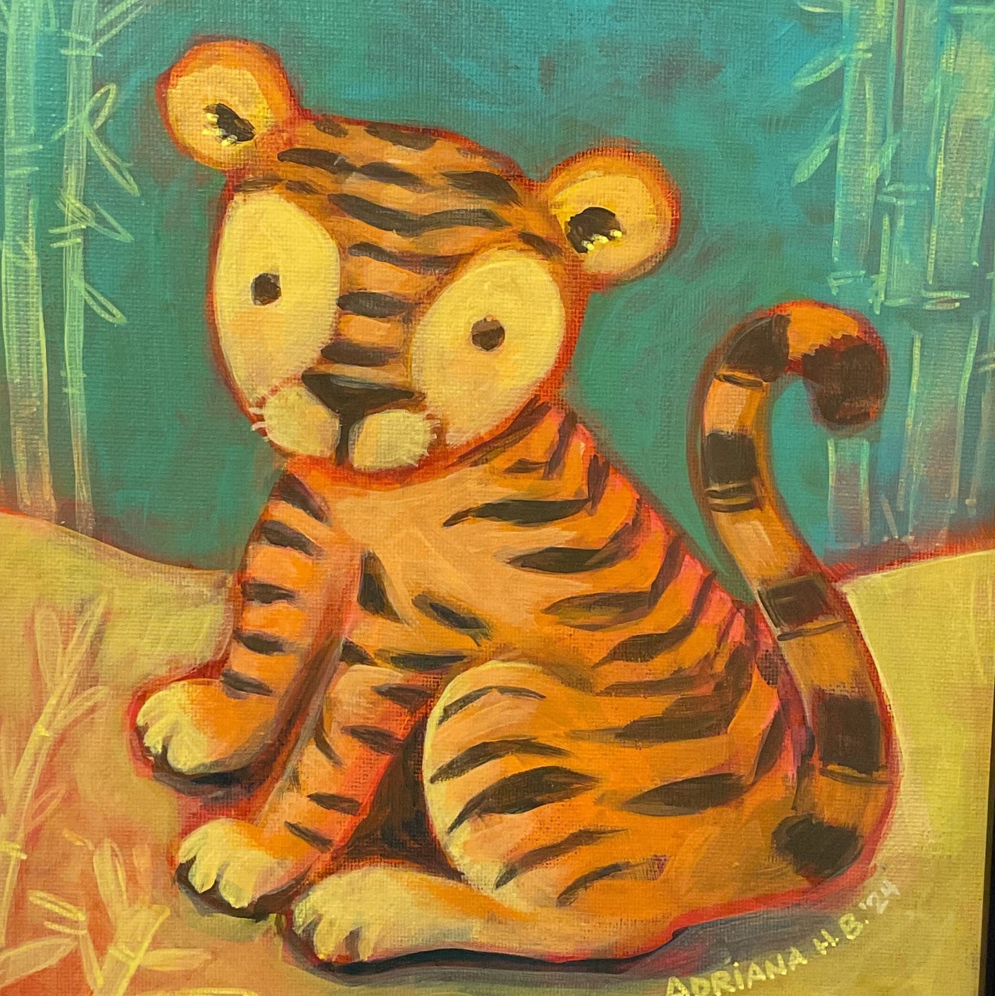 Acrylic painting of a sitting baby tiger on canvas with a blue bamboo background, framed.