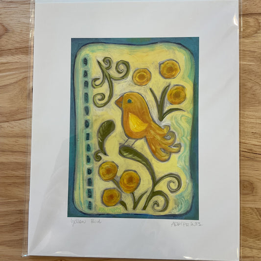 Artistic depiction of a yellow flower and green leaves on a blue background, framed in white paper.