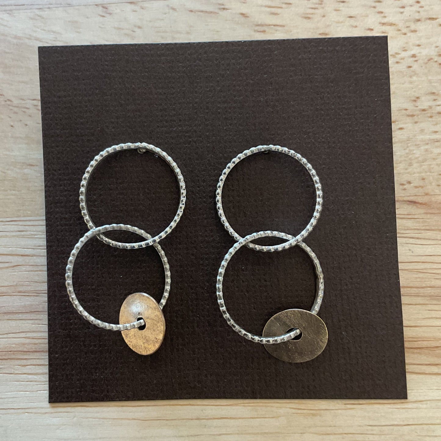 Double Beaded hoop with Disc Silver Earrings