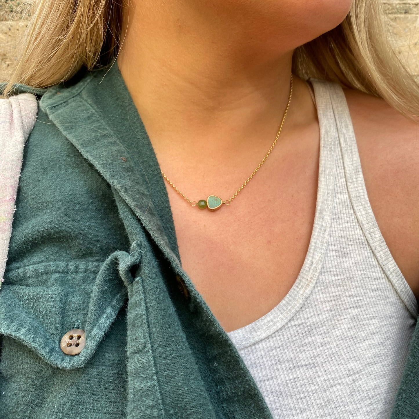 Triangle Turquoise Gold Vermeil Necklace | Stone Cubes: Diopside (green)