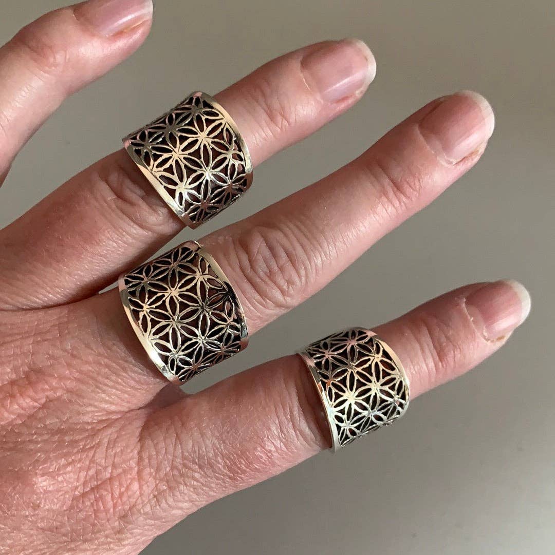 Sterling Silver Flower of Life Rings: Round Larger