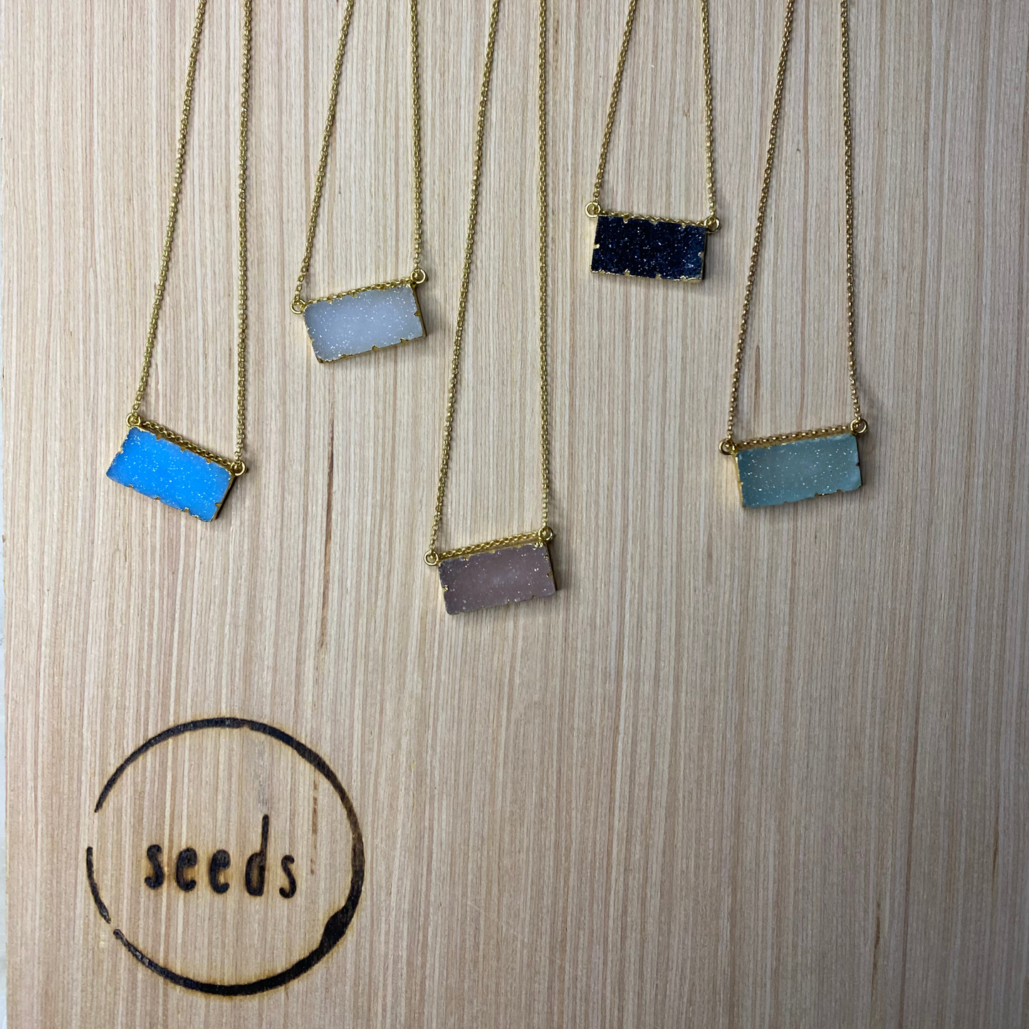 Druzy Agate Rectangle Bar Gold Vermeil Matte Gold Necklace: Blue