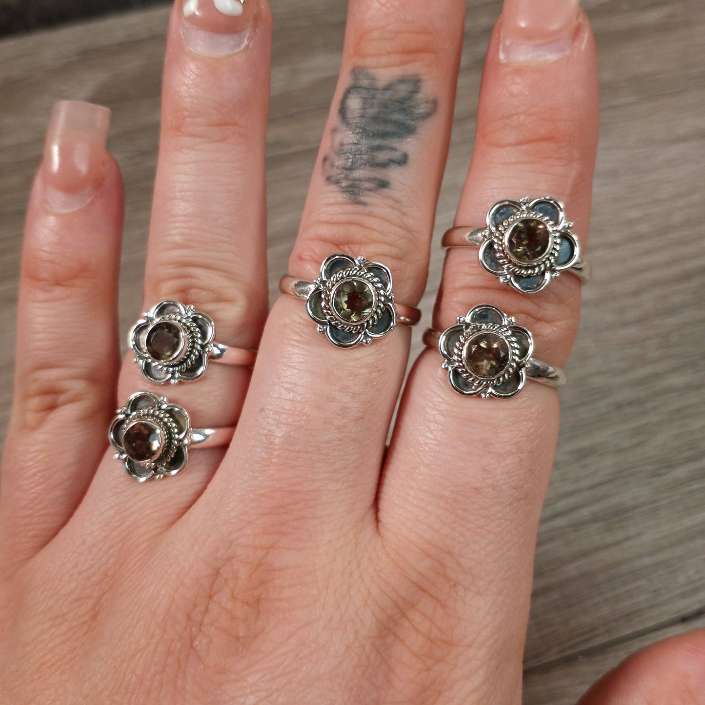 Gemstone Ring Sterling Silver Boho Flower: Smoky Quartz / 5