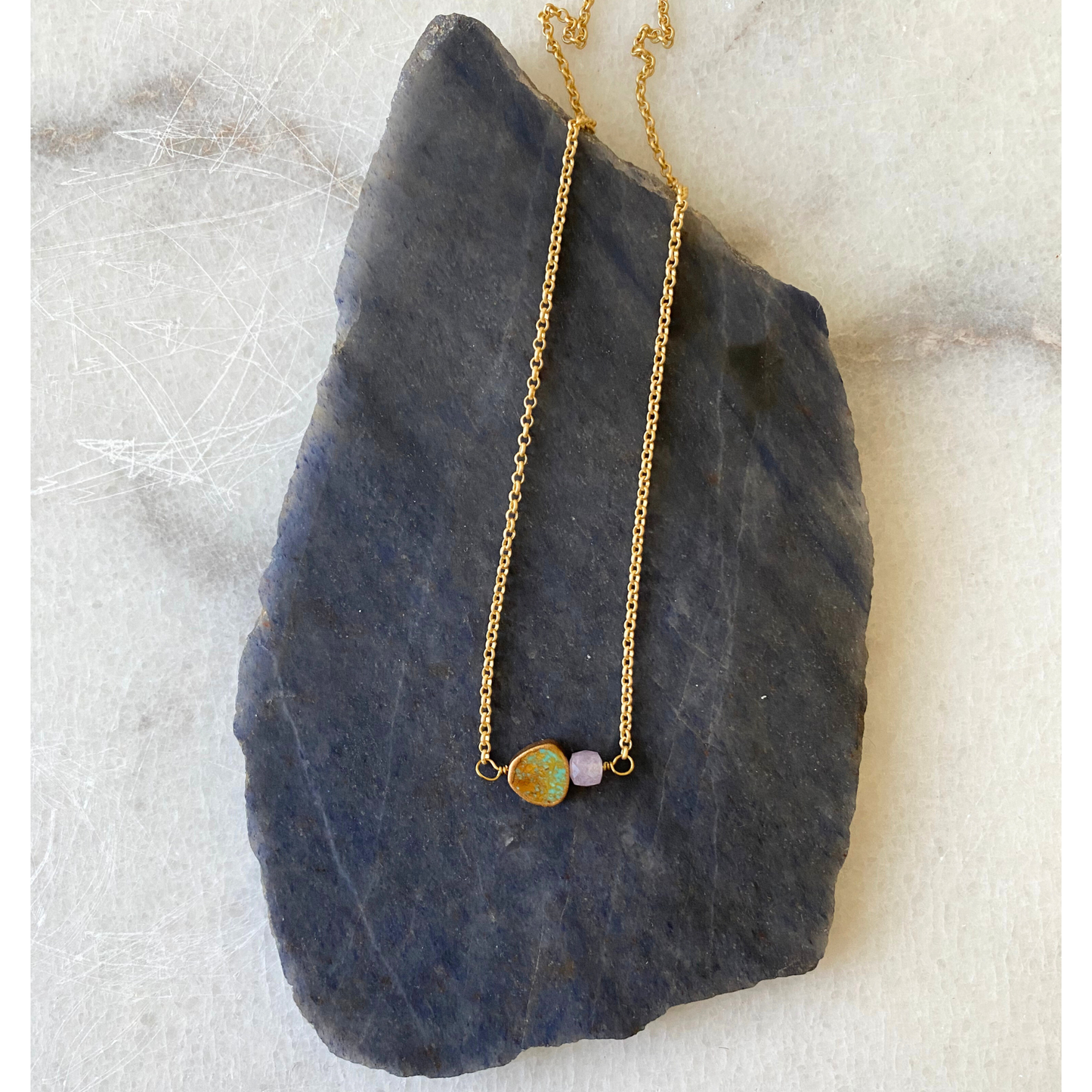 Triangle Turquoise Gold Vermeil Necklace | Stone Cubes: Purple Garnet