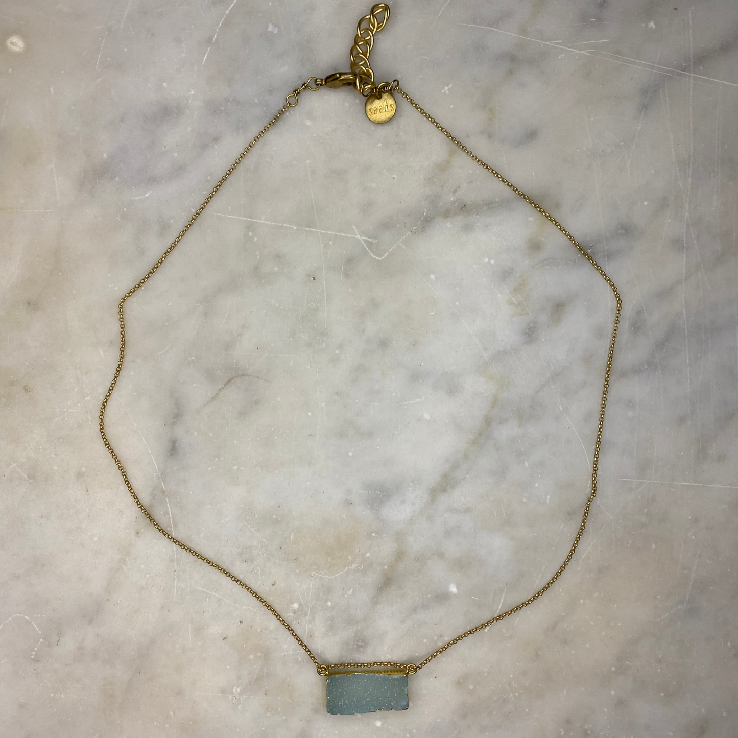 Druzy Agate Rectangle Bar Gold Vermeil Matte Gold Necklace: Blue