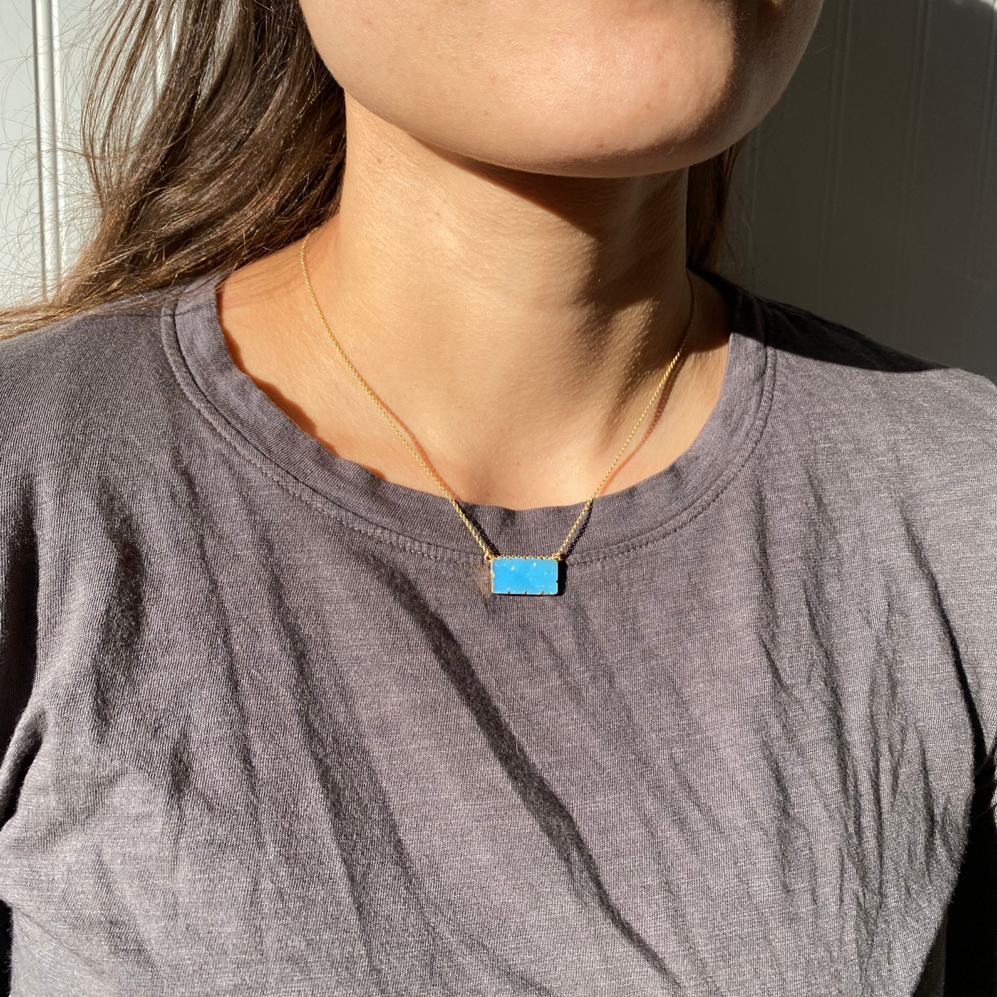 Druzy Agate Rectangle Bar Gold Vermeil Matte Gold Necklace: Blue