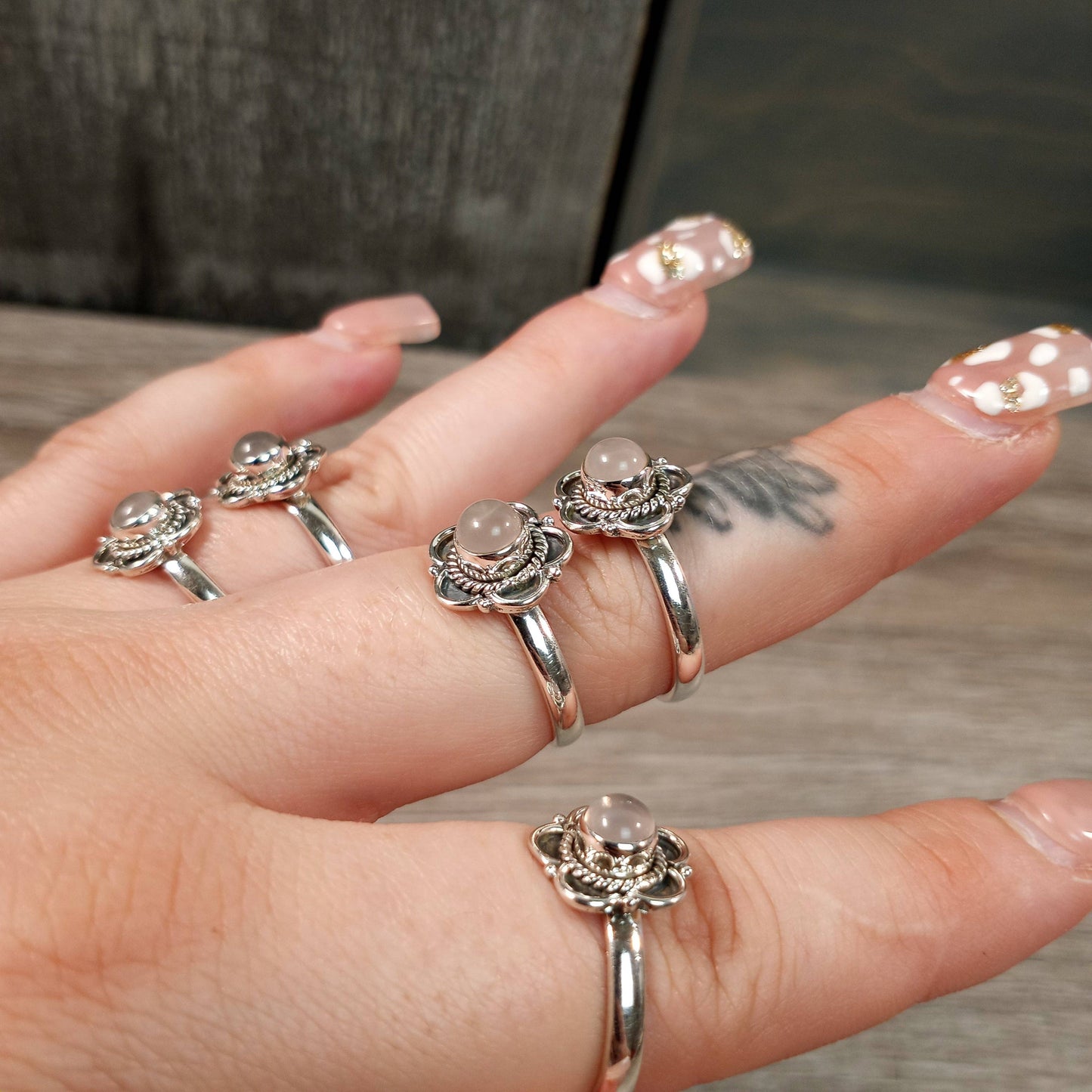 Gemstone Ring Sterling Silver Boho Flower: Smoky Quartz / 7