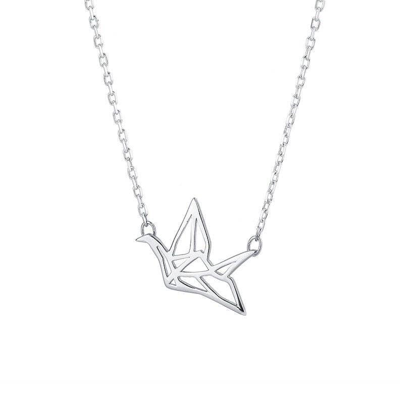 Japanese Orizuru Crane Charm Necklace in 925 Sterling Silver: Silver