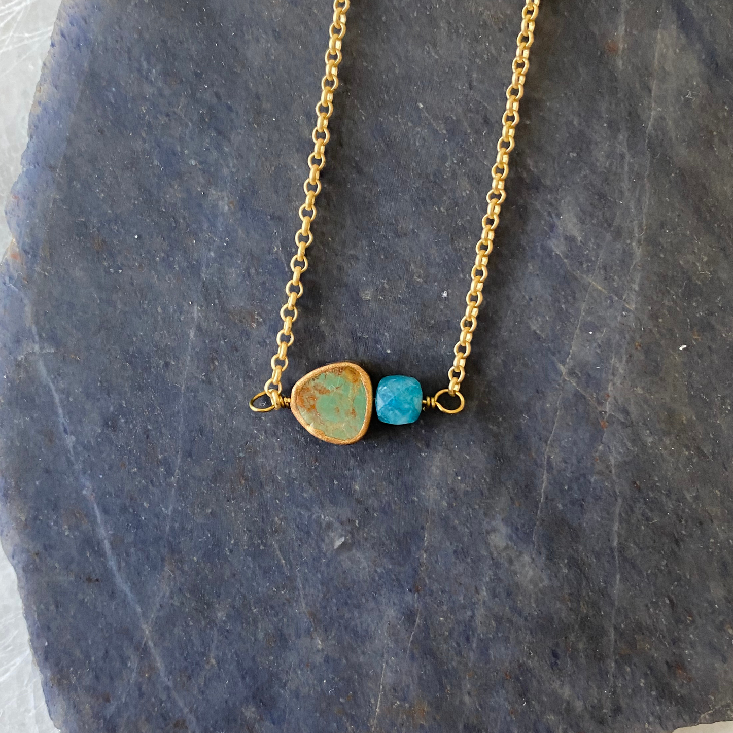 Triangle Turquoise Gold Vermeil Necklace | Stone Cubes: Purple Garnet