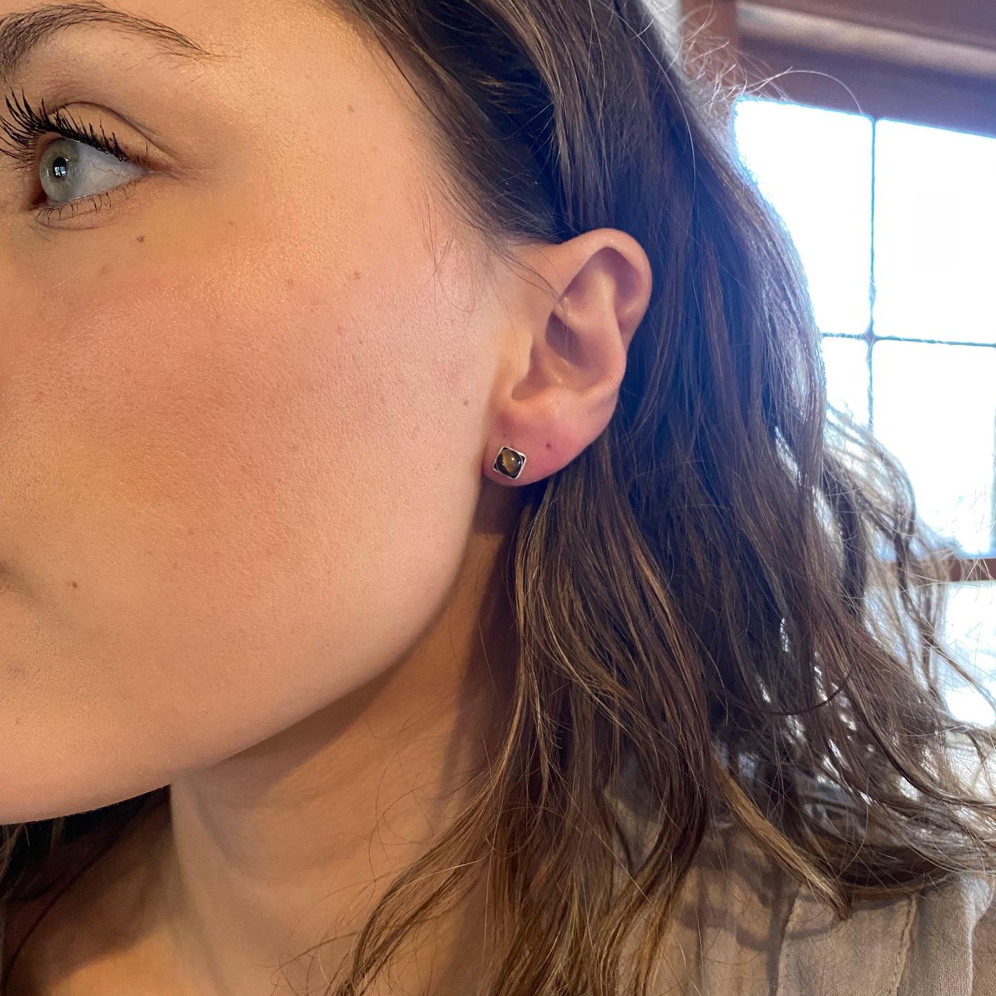 Square Stud Earrings | Sterling Silver Genuine Stones