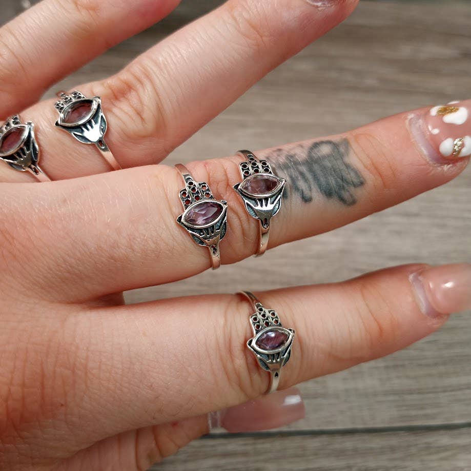 Gemstone Sterling Silver Ring Hamsa Hand Boho: Citrine / 7