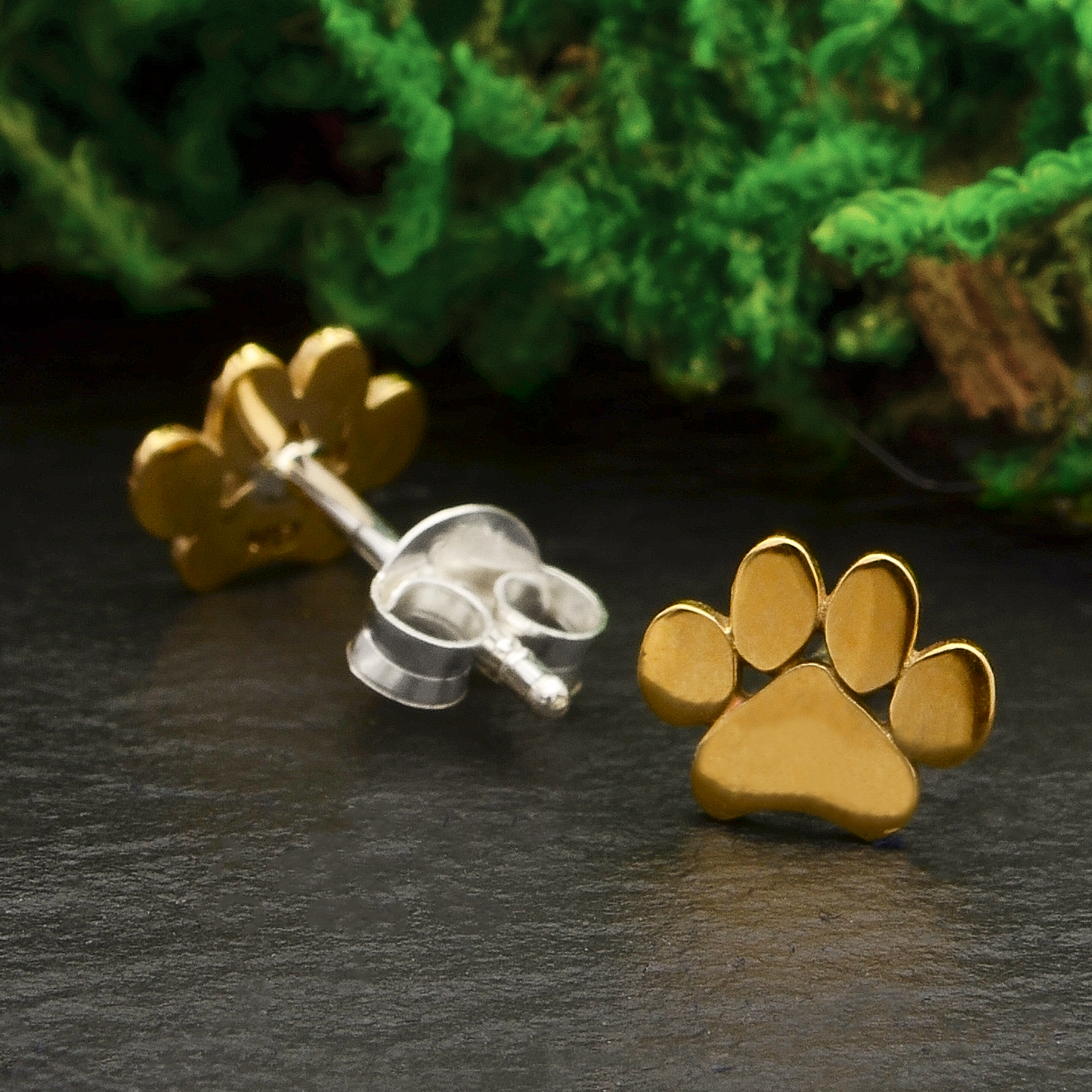 Sterling Silver or Bronze Paw Print Post Earrings 6x7mm: Recycled Sterling Silver