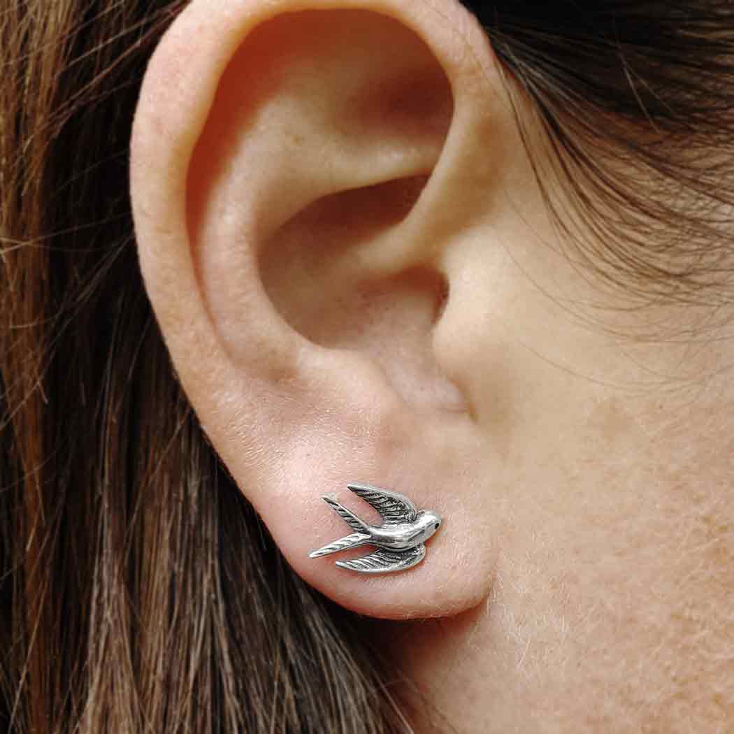 Sterling Silver or Bronze Swallow Post Earrings 9x11mm: Sterling Silver