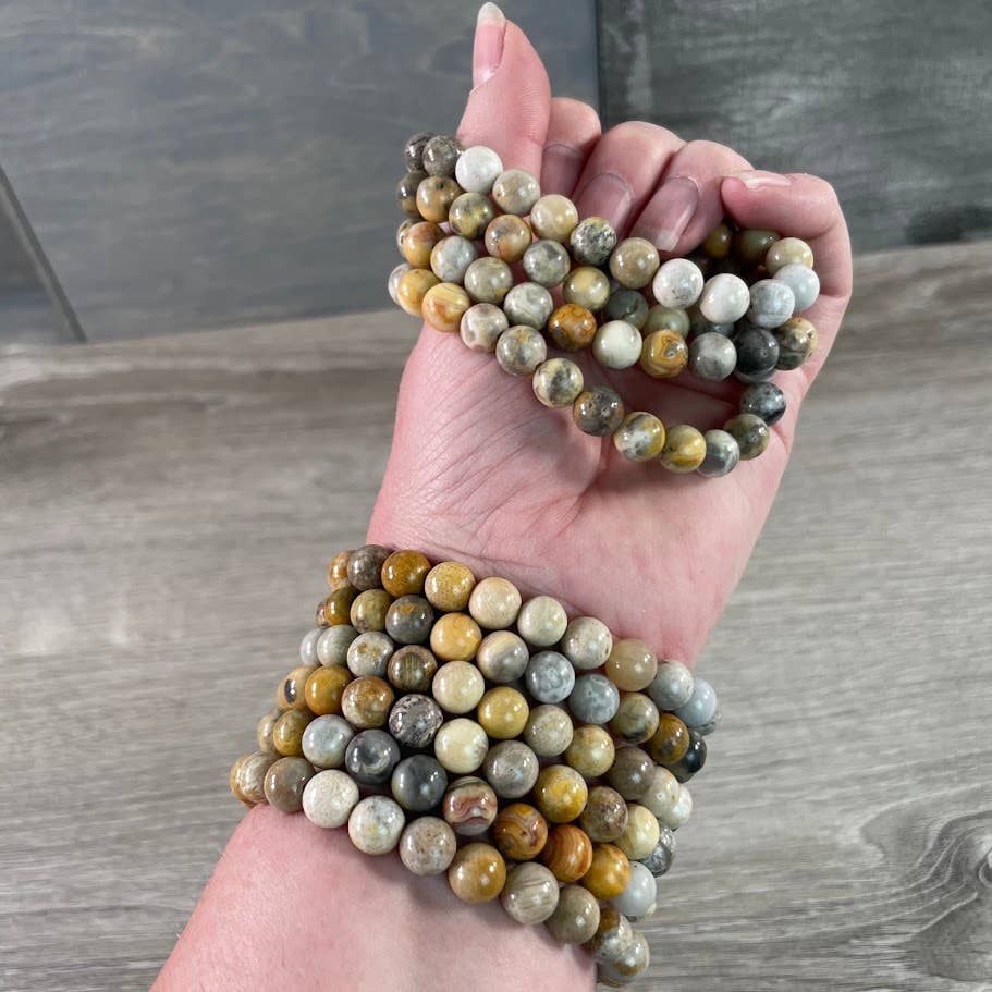 8mm Round Gemstone Beaded Bracelets – Assorted Crystals Bulk: Crazy Lace Jasper