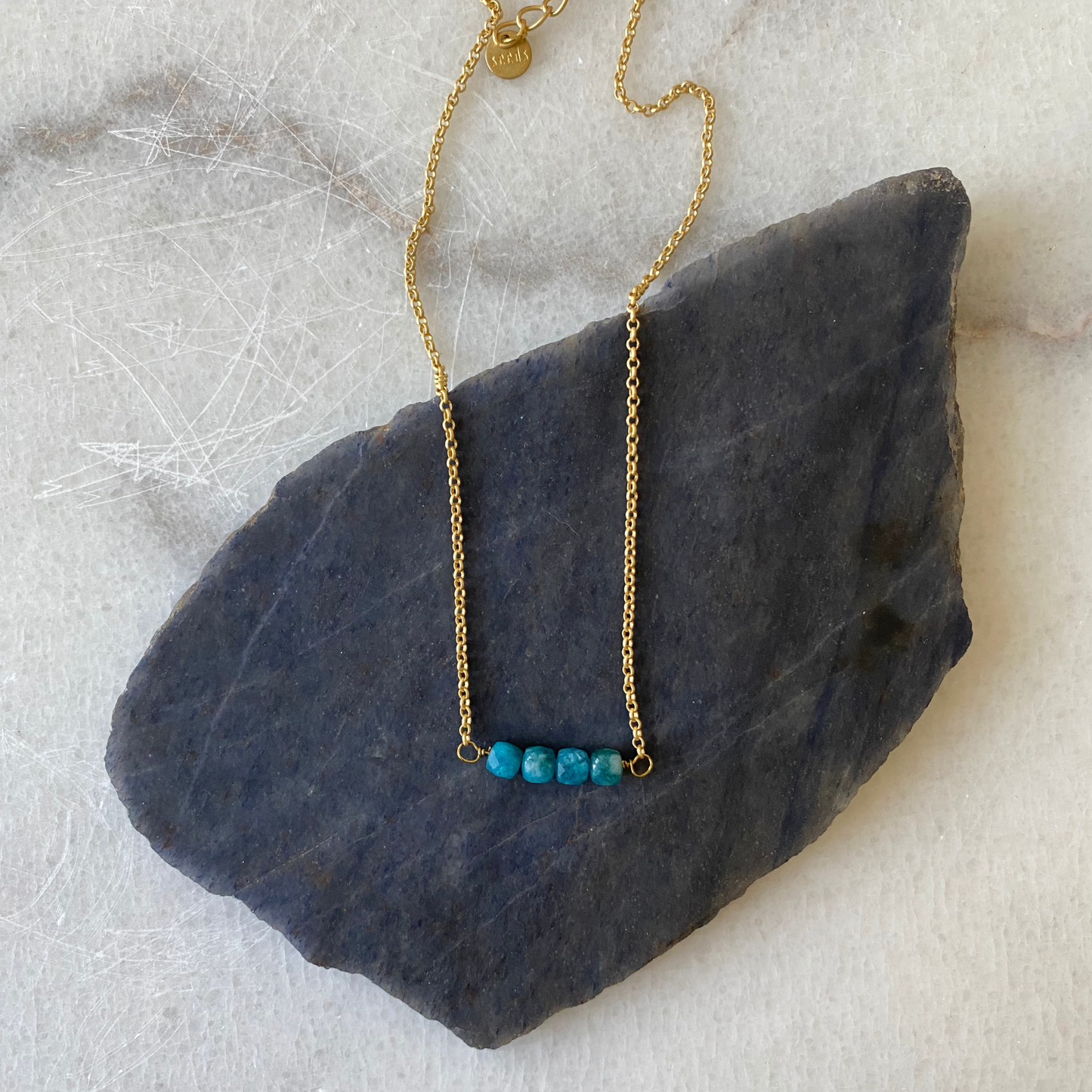 Colorful Stone Cube Matte Gold Chain Necklace: Apatite (blue)