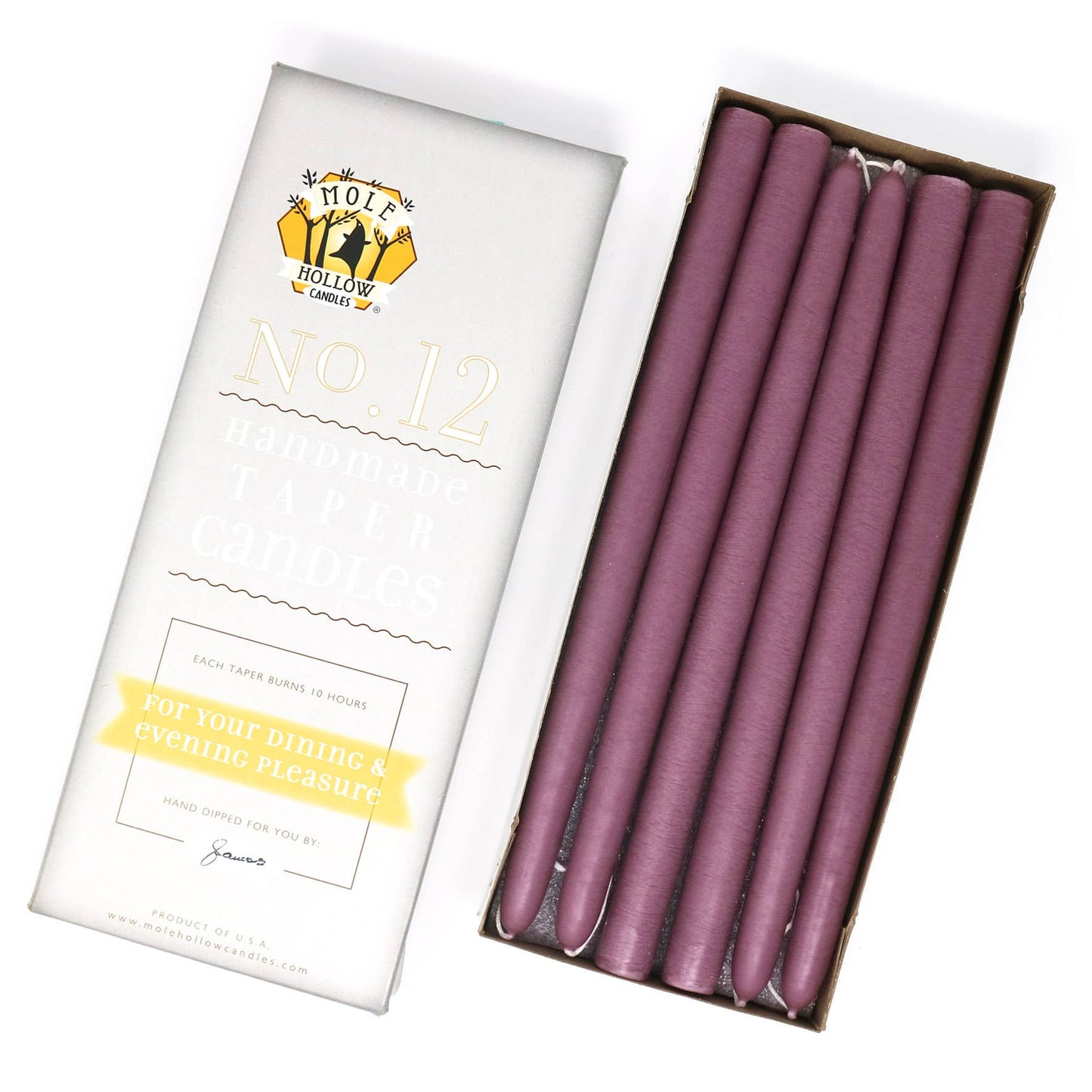 12" Hand Dipped Unscented Taper Candles - 39 Colors USA Made: Mauve