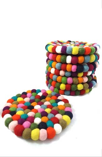 Hand Crafted Round Felt Ball Trivet, Assorted Color Options: Blue