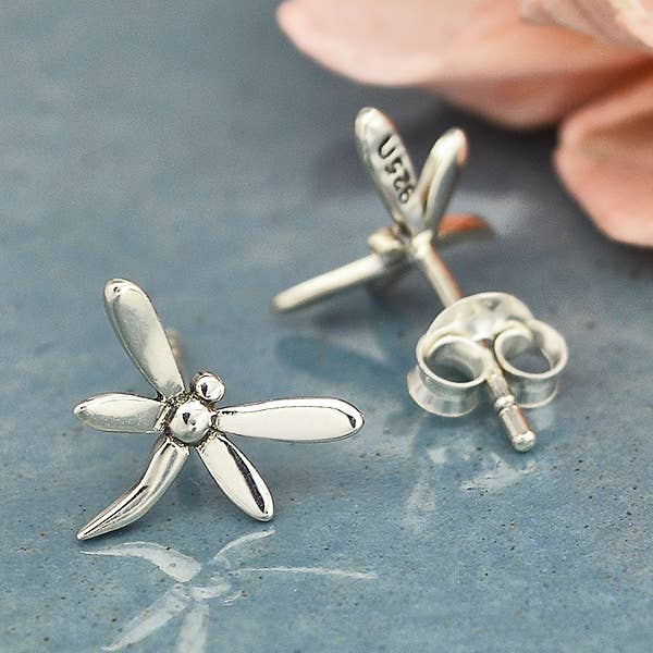 Sterling Silver or Bronze Dragonfly Post Earrings 9x10mm: Recycled Sterling Silver