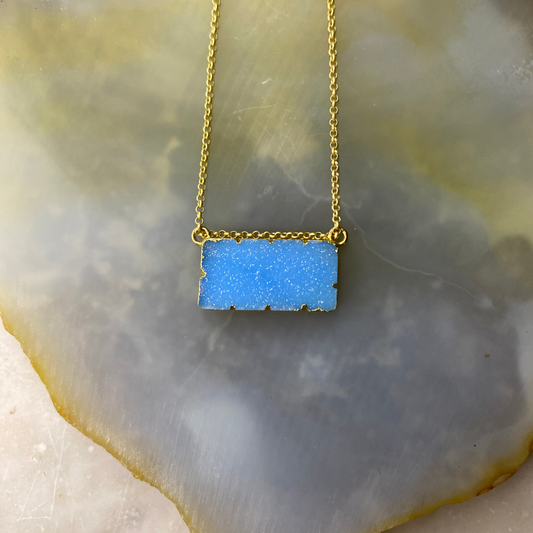 Druzy Agate Rectangle Bar Gold Vermeil Matte Gold Necklace: Blue