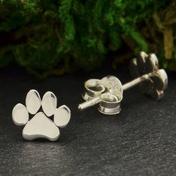 Sterling Silver or Bronze Paw Print Post Earrings 6x7mm: Recycled Sterling Silver