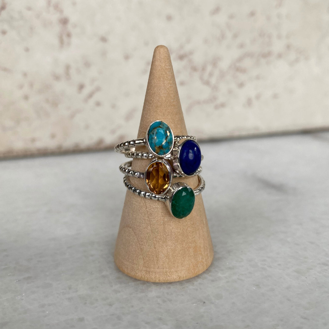 Silver Beaded Band Stone Ring Turquoise Lapis Citrine Oval: 8 / Emerald