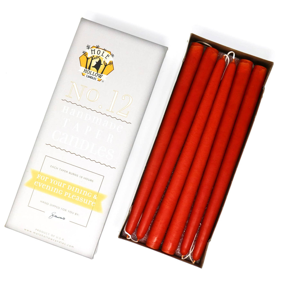 12" Hand Dipped Unscented Taper Candles - 39 Colors USA Made: Paprika