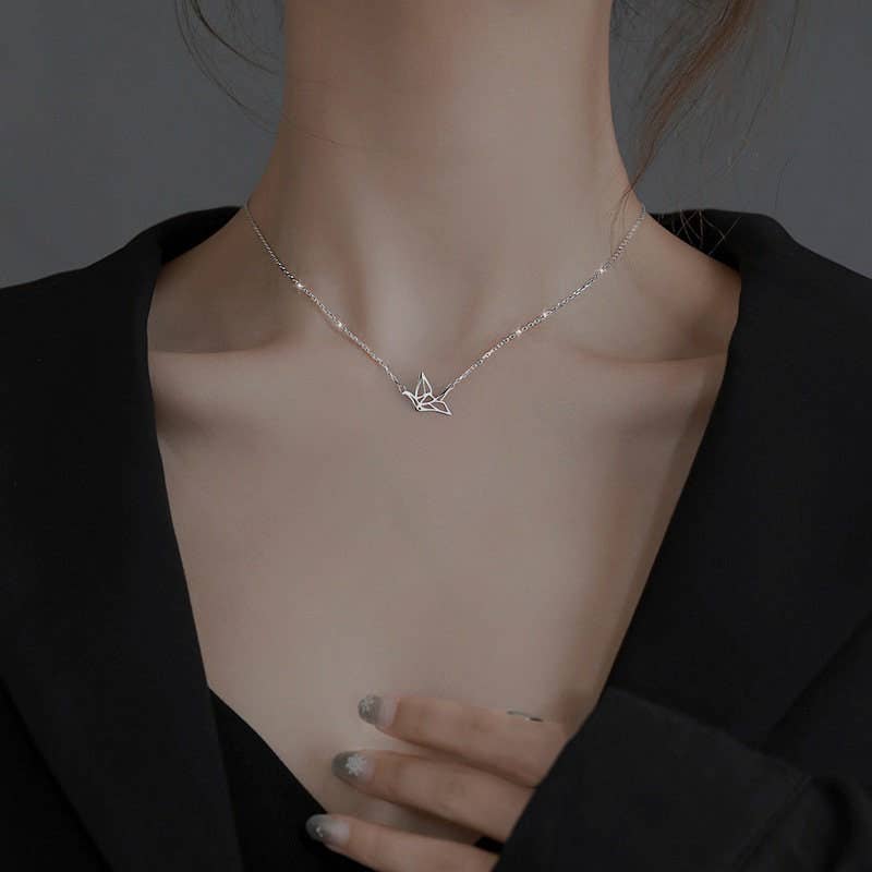 Japanese Orizuru Crane Charm Necklace in 925 Sterling Silver: Silver