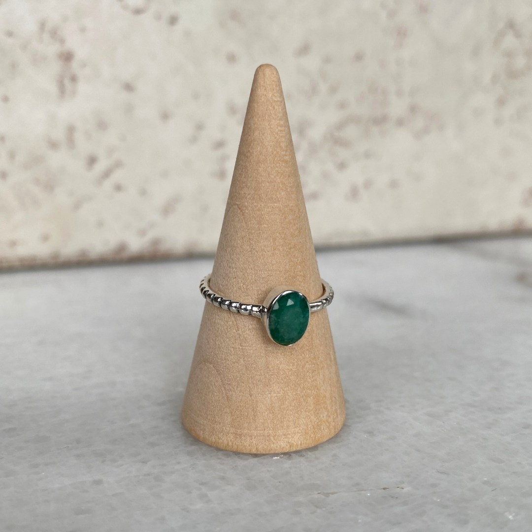 Silver Beaded Band Stone Ring Turquoise Lapis Citrine Oval: 8 / Emerald