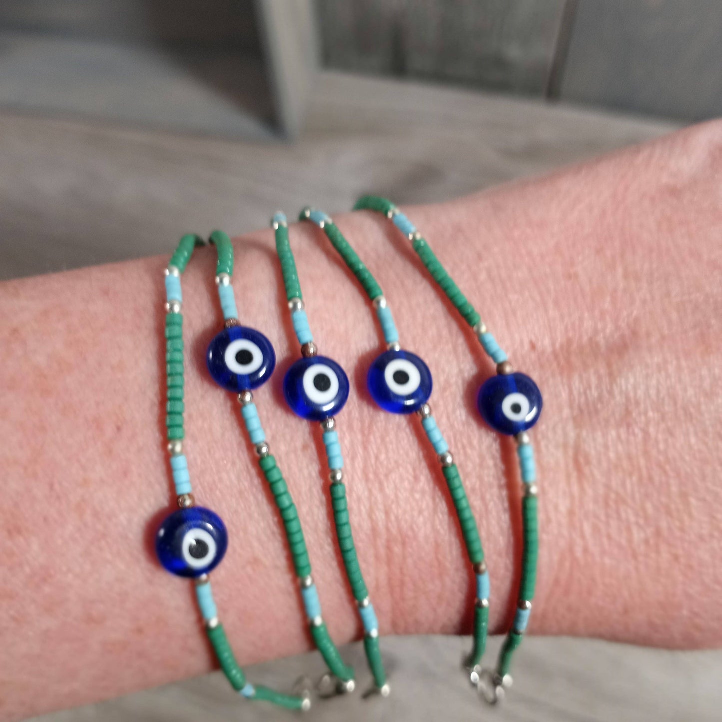 Wooden Bracelet Beaded with Evil Eye