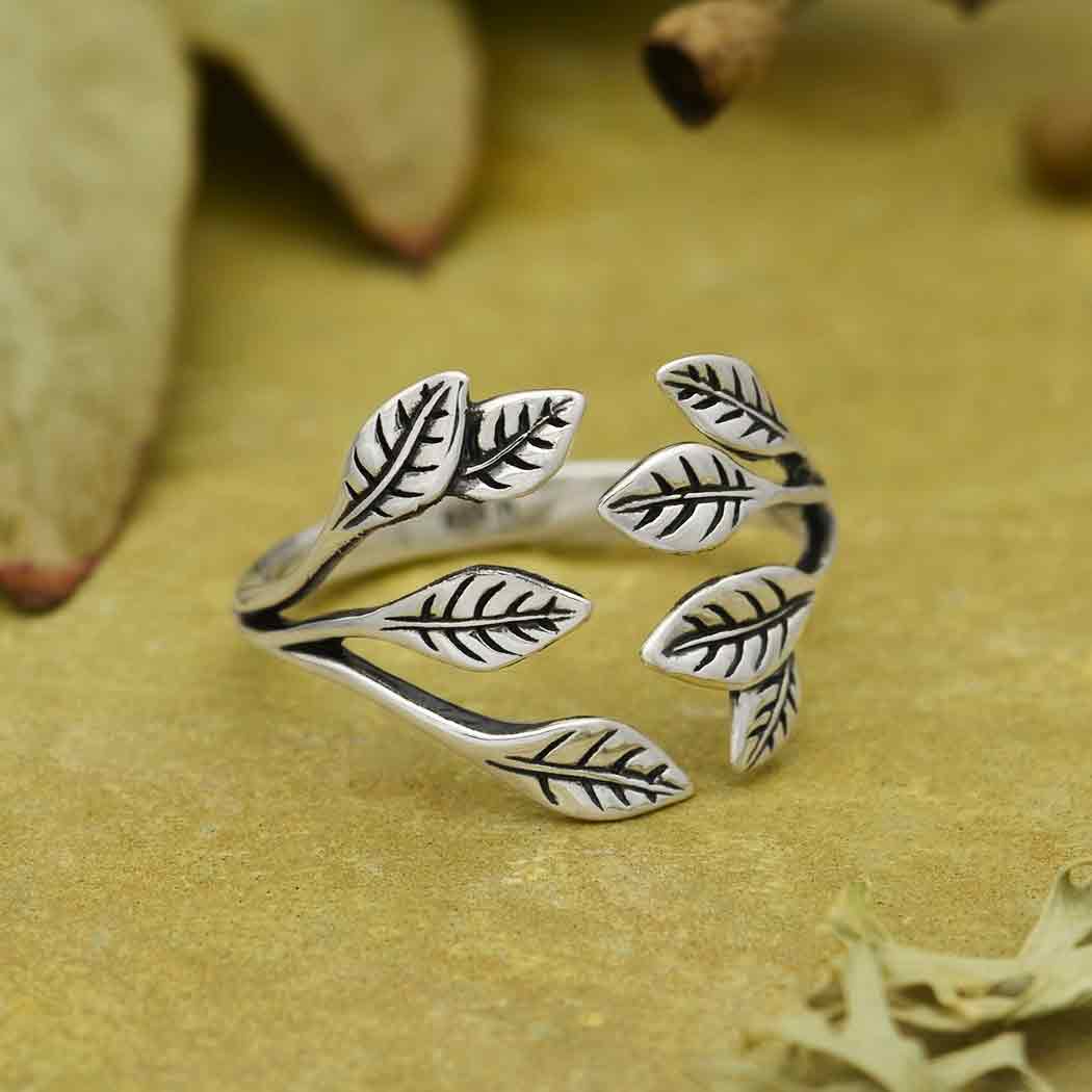 Sterling Silver or Bronze Leaf Cluster Adjustable Ring: Sterling Silver