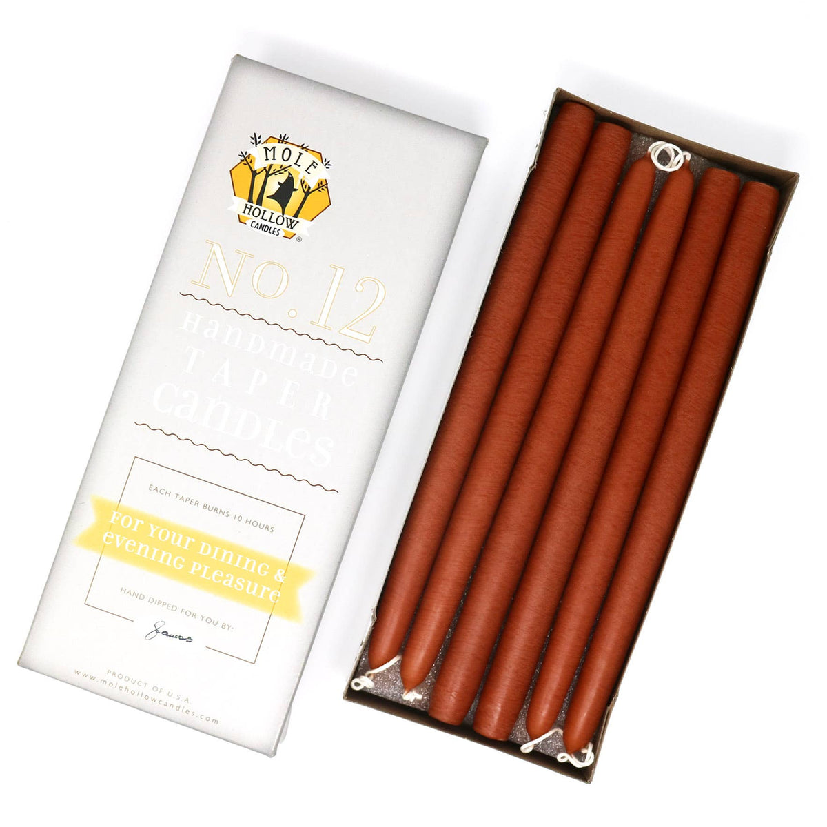 12" Hand Dipped Unscented Taper Candles - 39 Colors USA Made: Paprika