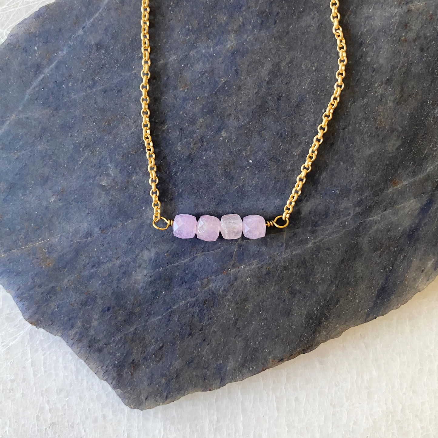 Colorful Stone Cube Matte Gold Chain Necklace: Purple Garnet