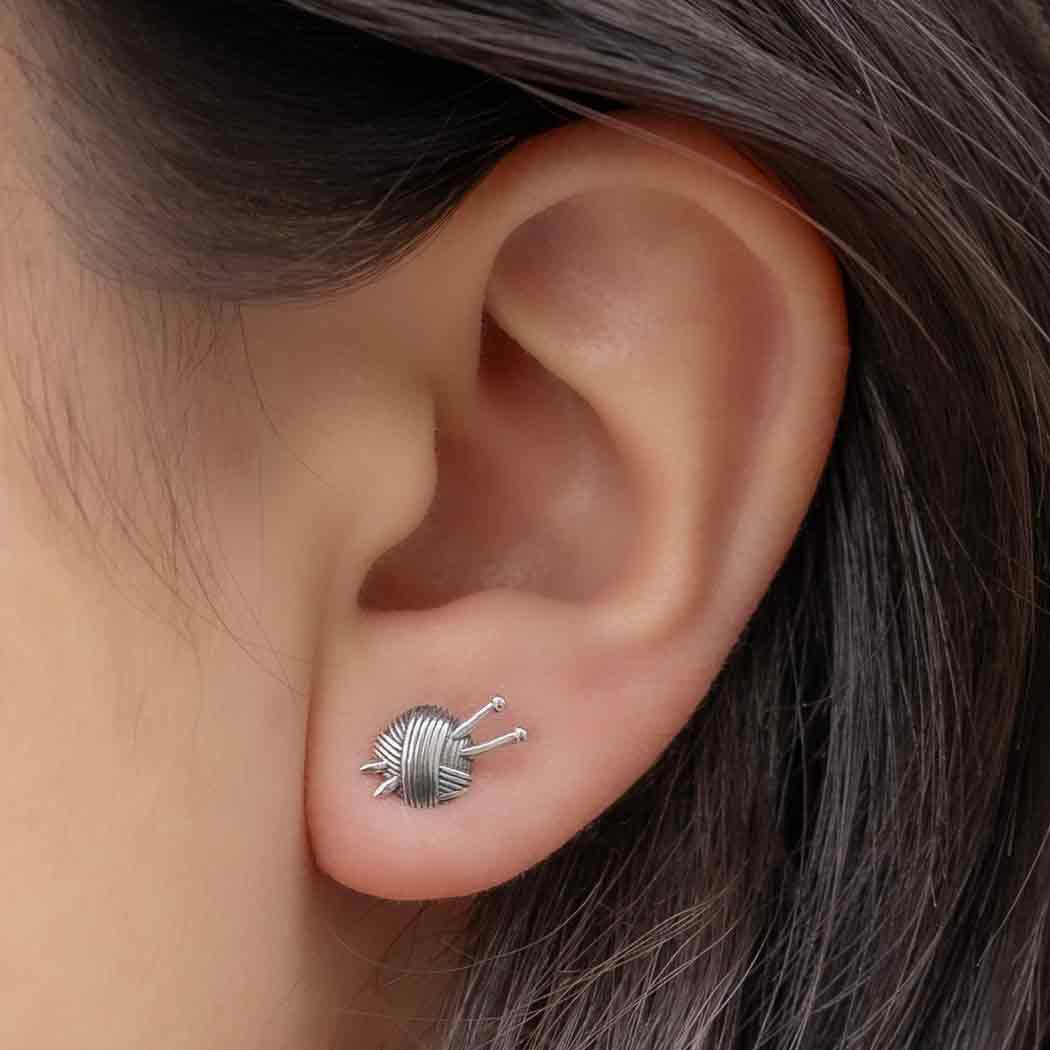 Sterling Silver Yarn Ball Post Earrings 11x7mm