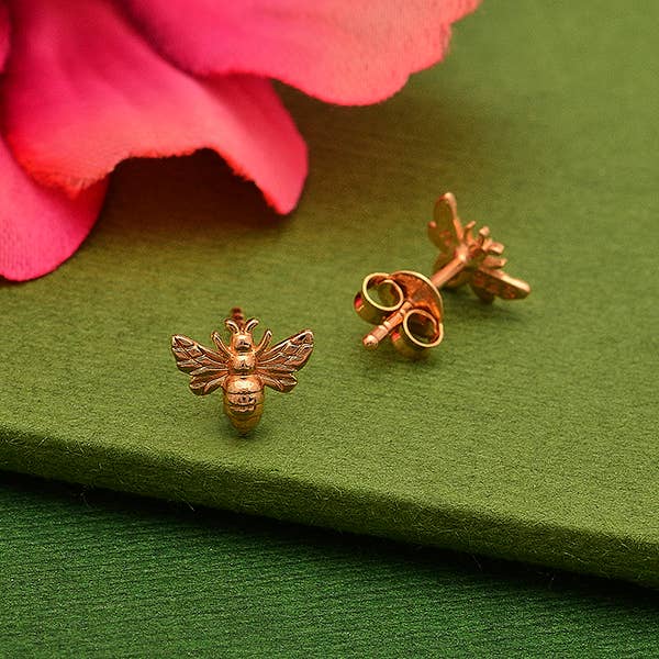 Silver, Bronze or Gold Plate Tiny Bee Post Earrings 6x8mm: Recycled Sterling Silver