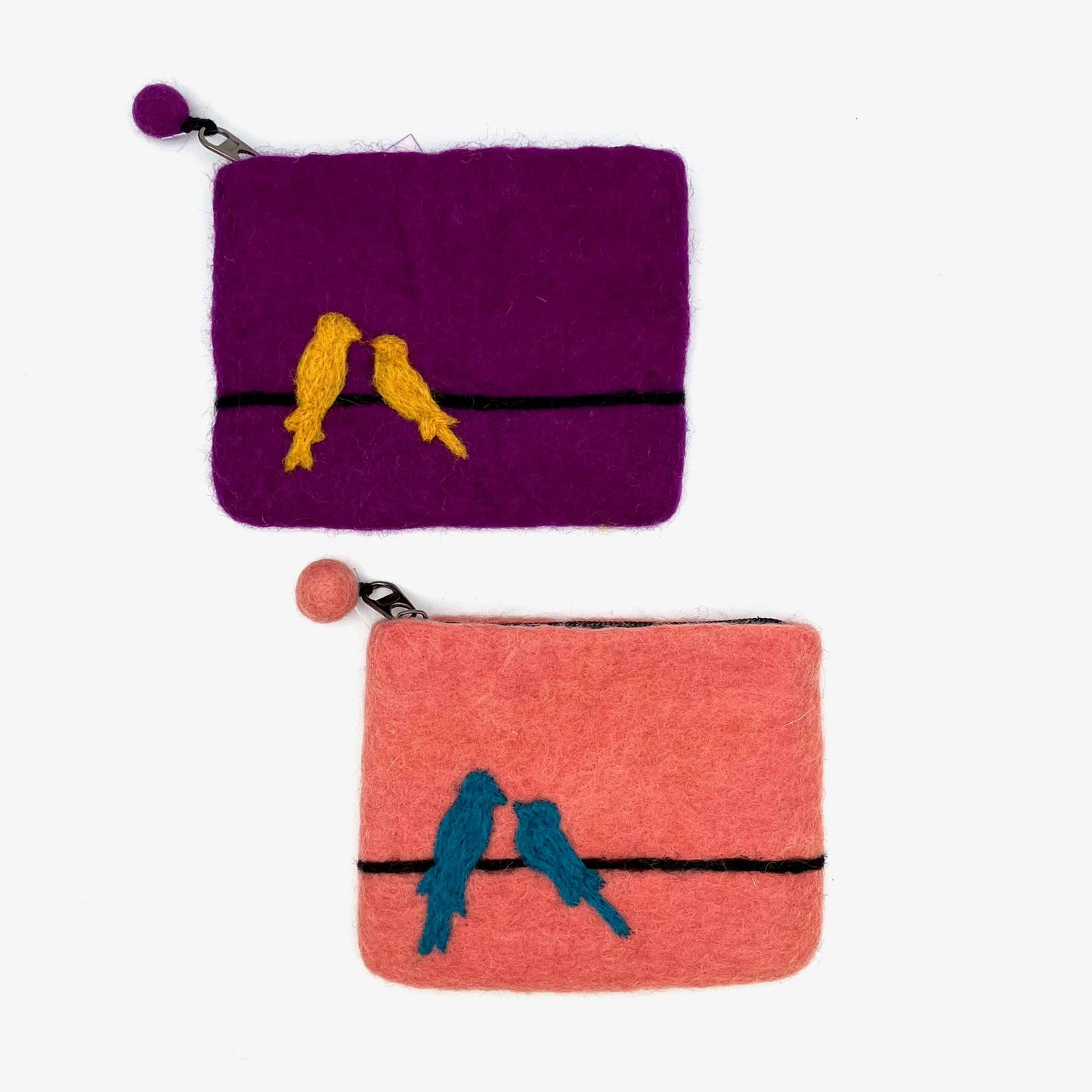 Two Birds on Line Felt Coin Purse: Coral