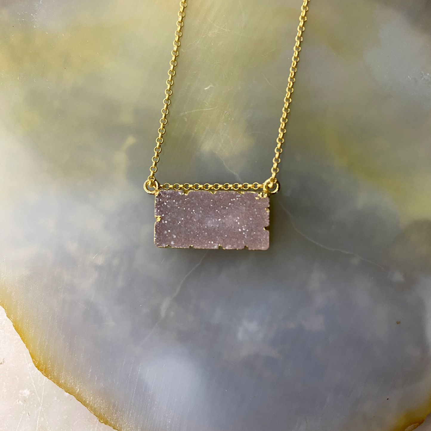 Druzy Agate Rectangle Bar Gold Vermeil Matte Gold Necklace: Blue