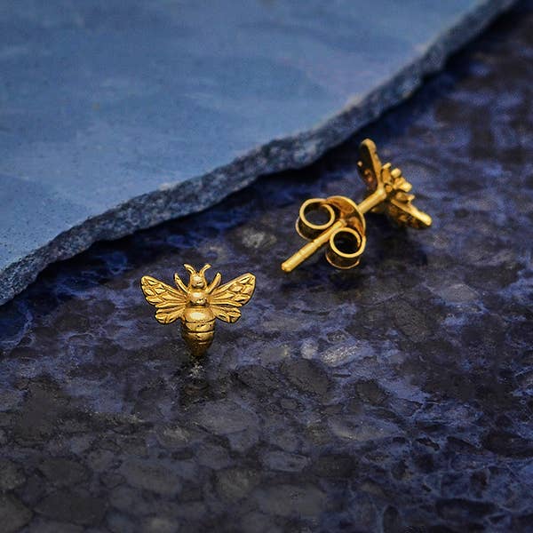 Silver, Bronze or Gold Plate Tiny Bee Post Earrings 6x8mm: Recycled Sterling Silver