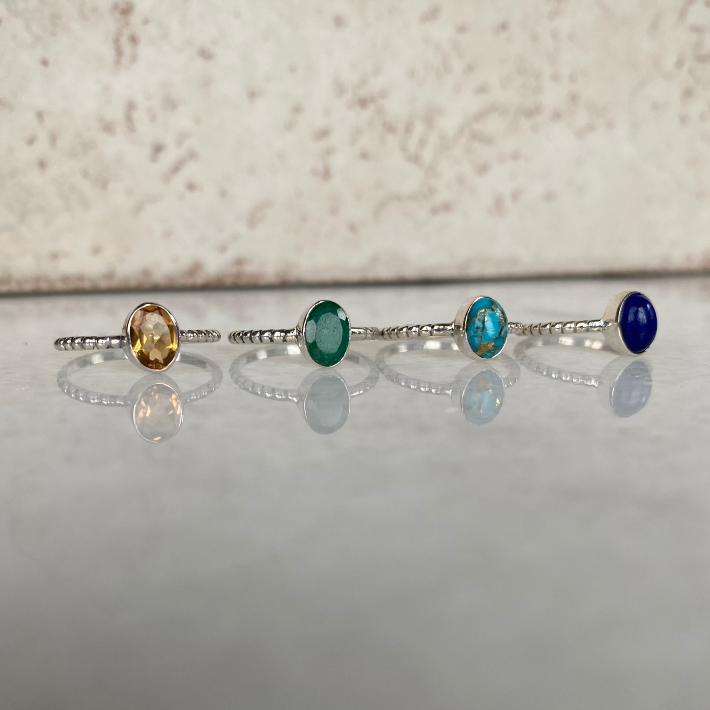 Silver Beaded Band Stone Ring Turquoise Lapis Citrine Oval: 11 / Emerald