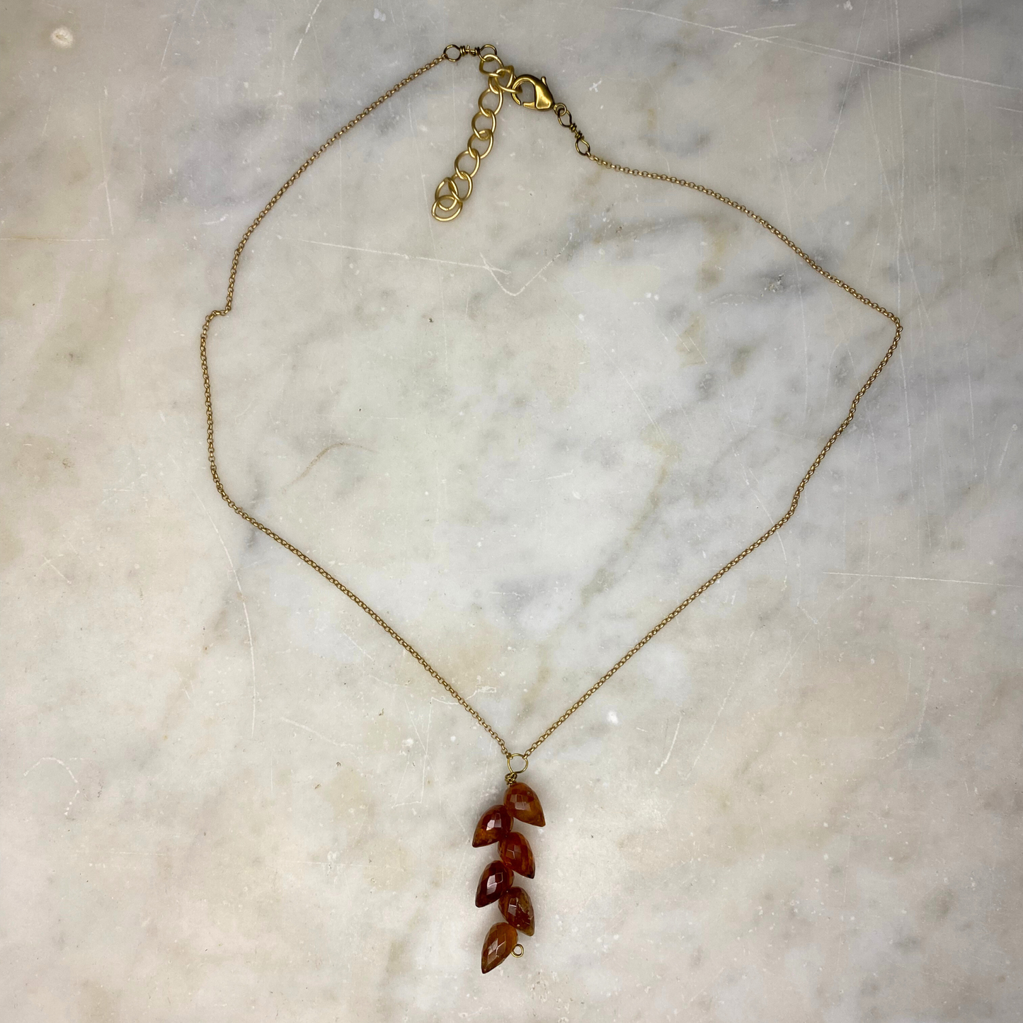 Leaf Tear Drop Stone Matte Gold Chain Necklace: Hessonite Garnet